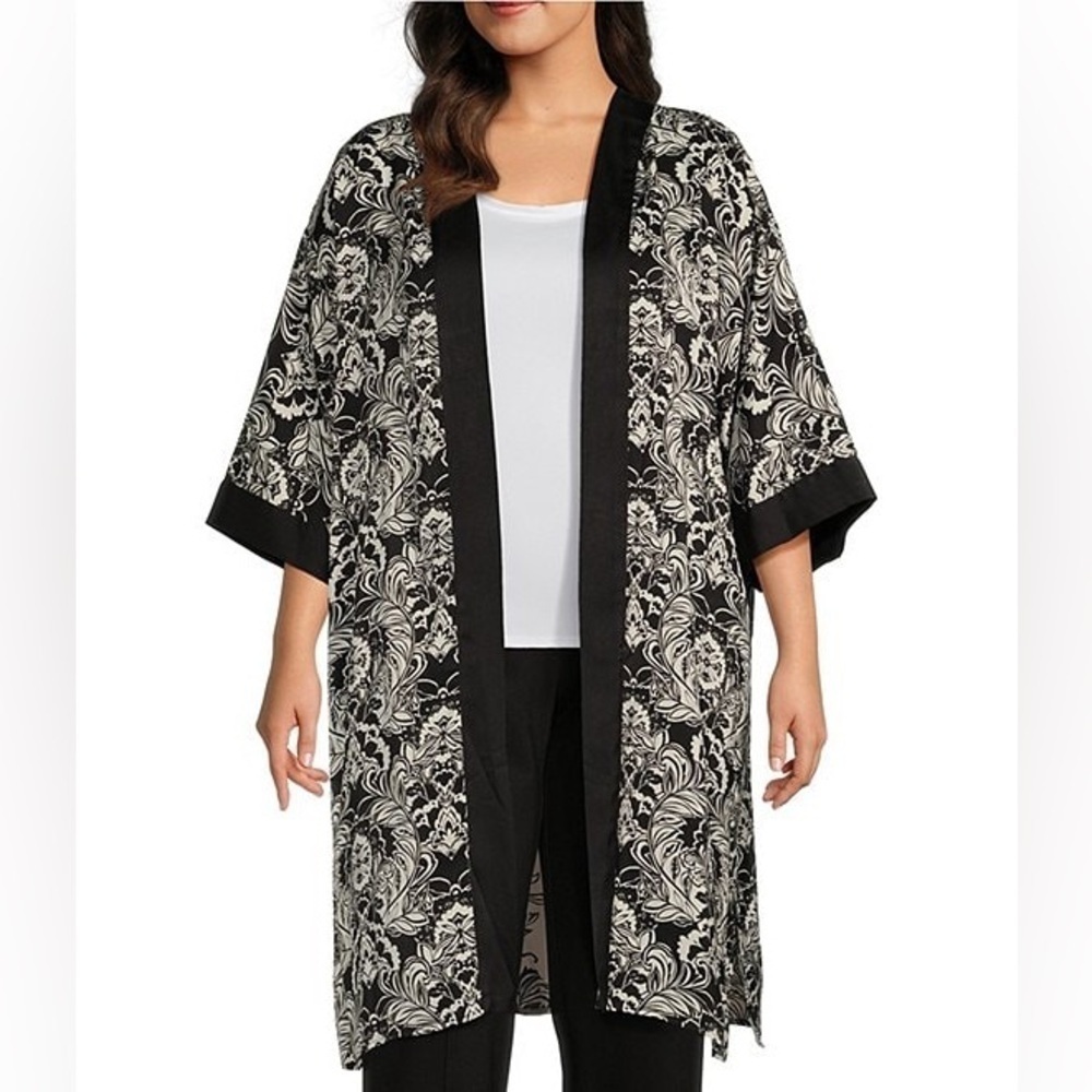 NEW Slim Factor by Investments Floral Print 3/4 Sleeve Long Kimono Plus Size 3X